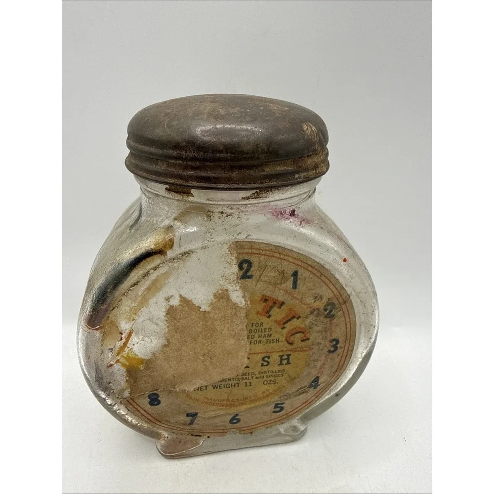VTG 1930s Nash Underwood's Mustard Clock‎ Faced Patent Application Glass Jar HTF